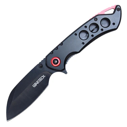 Wartech 8" Black Spring Assisted Pocket Knife with Holes